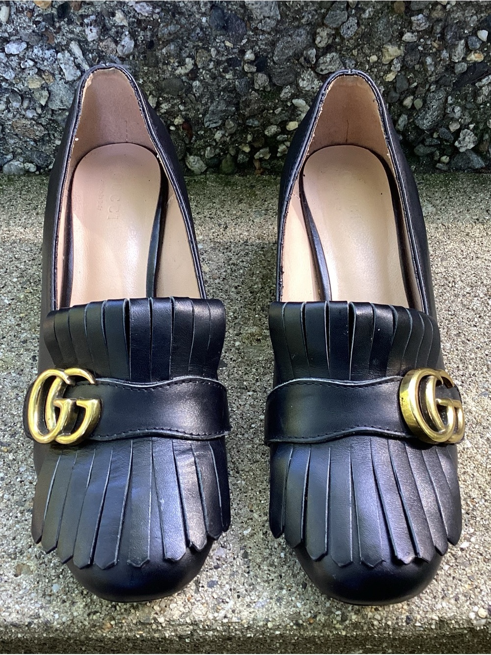 Gucci Black Leather Marmot Fringe Loafers with Gold GG